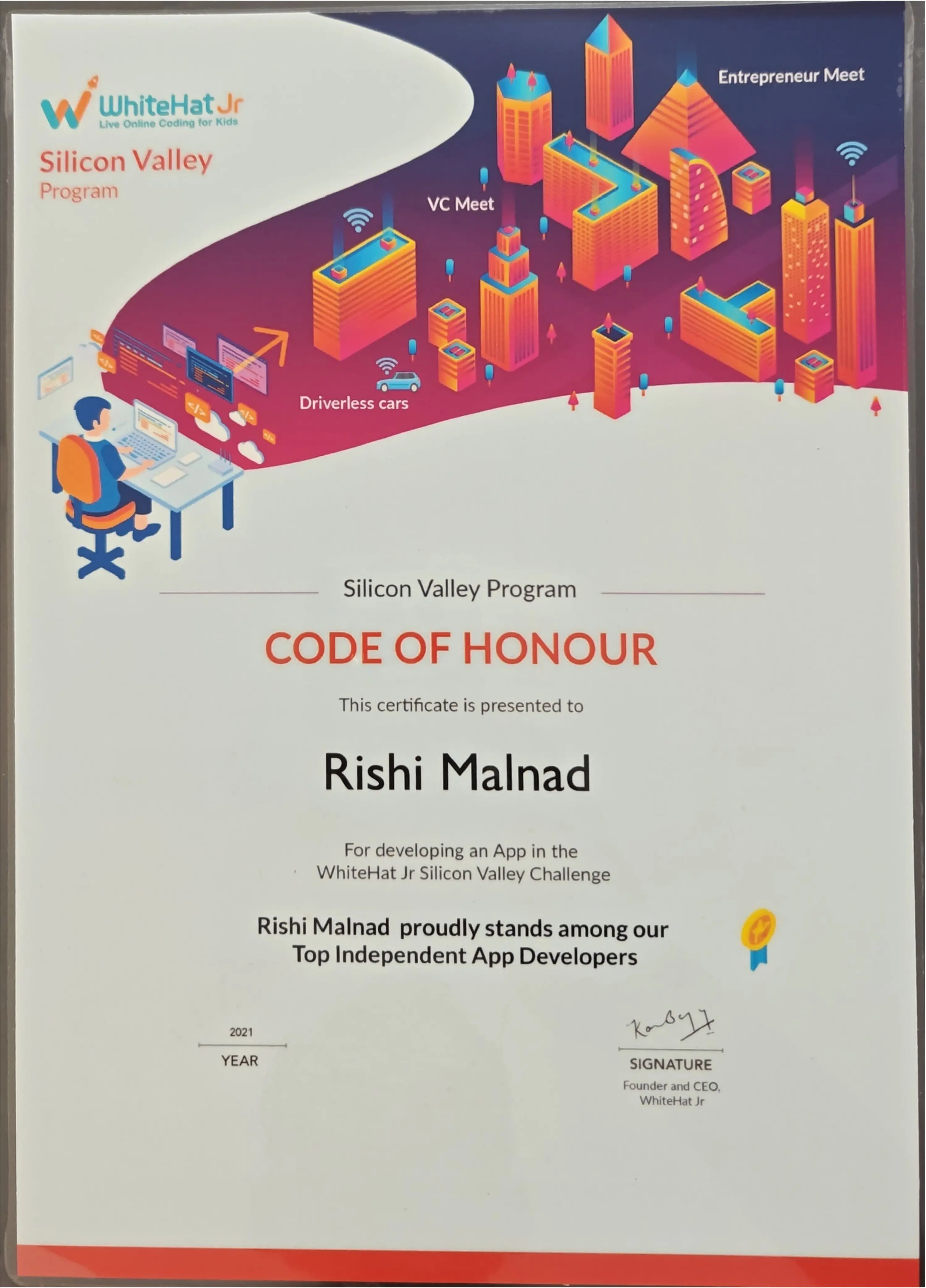 WhiteHat Jr. - Silicon Valley Program - Code of Honour Certificate (2021)